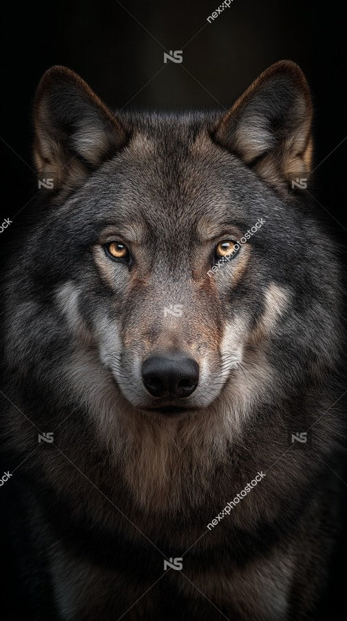 Wolf Portrait With Striking Eyes And A Serious Expression Set Against A Dark Background 2 — Stock Photo