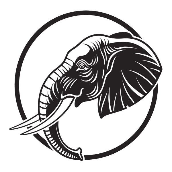 Black And White Illustration Of An Elephant S Head And Tusks In A Circular Frame — Stock Vector