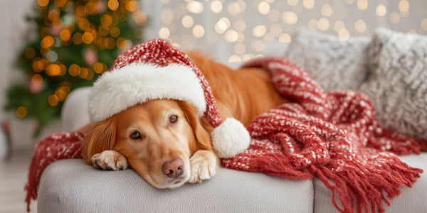 Golden Retriever Dog Wearing Santa Hat And Laying On Red Blanket In Front Of Christmas Tree — Stock Photo