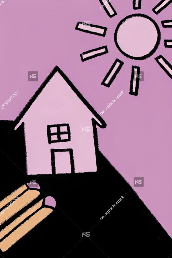 A Stylized Illustration Of A Sunny House With A Smiling Face Drawn On It Set Against A Purple Background — Stock Illustration