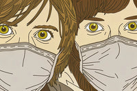 Two Individuals Wearing Face Masks One Male And One Female Depicted In A Stylized Illustration — Stock Illustration