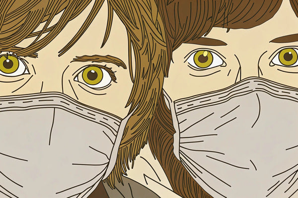 Two Individuals Wearing Face Masks One Male And One Female Depicted In A Stylized Illustration — Stock Illustration