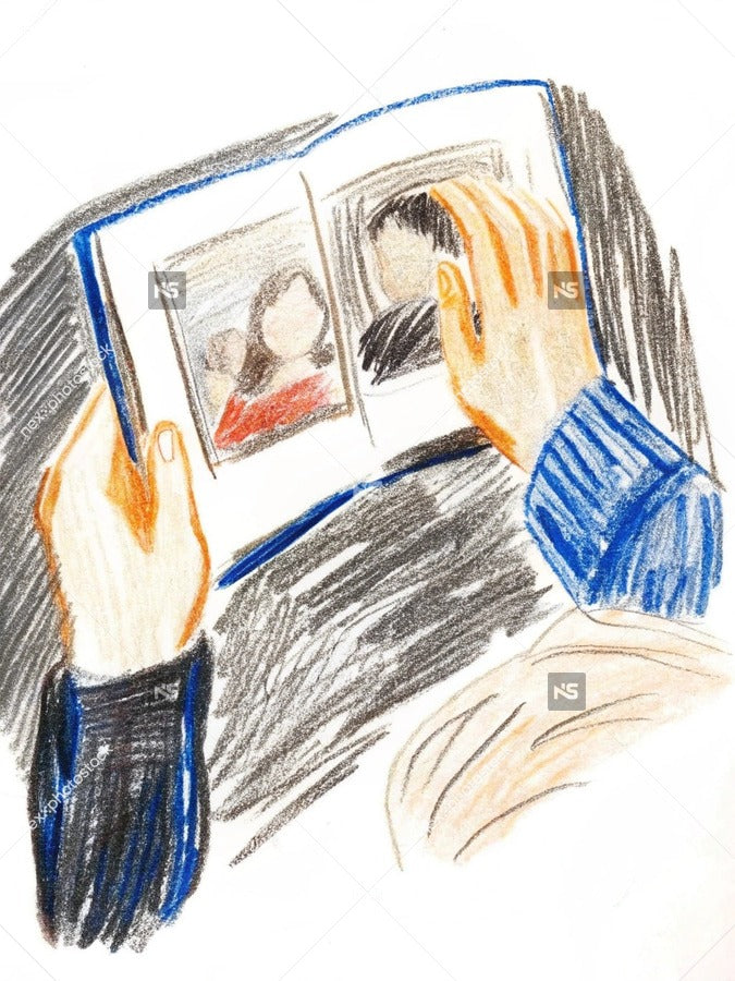 A Hand Holding An Open Book With A Person S Face Visible In The Reflection On The Page — Stock Illustration
