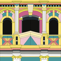 Vividly Detailed Architectural Facade With Colorful Columns And Arches Showcasing A Rich Palette Of Pinks Blues Yellows And Whites — Stock Vector