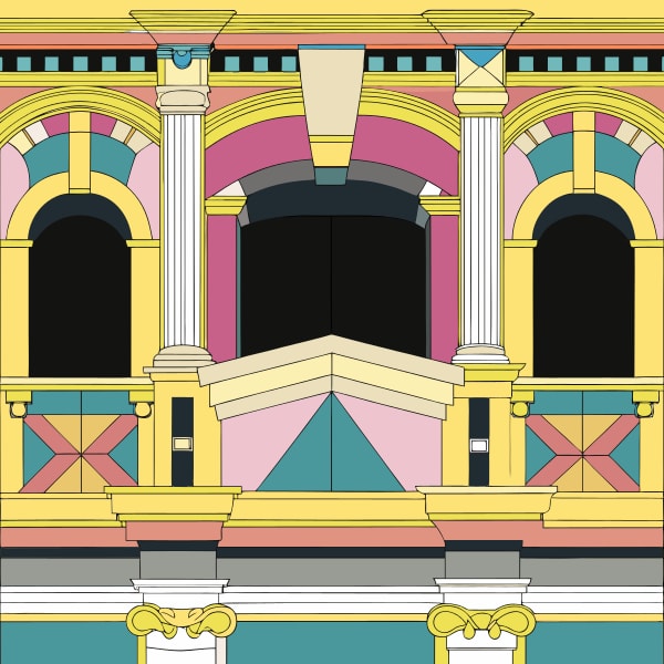 Vividly Detailed Architectural Facade With Colorful Columns And Arches Showcasing A Rich Palette Of Pinks Blues Yellows And Whites — Stock Vector