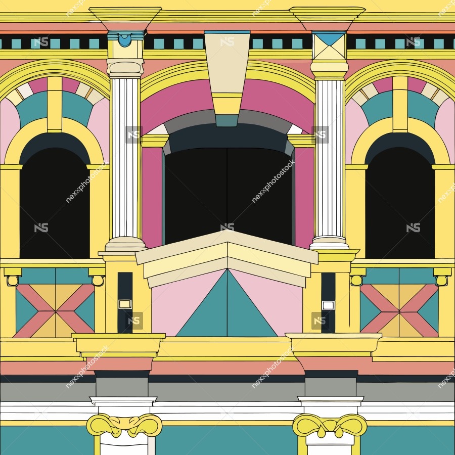 Vividly Detailed Architectural Facade With Colorful Columns And Arches Showcasing A Rich Palette Of Pinks Blues Yellows And Whites — Stock Vector