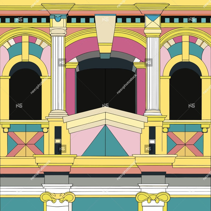 Vividly Detailed Architectural Facade With Colorful Columns And Arches Showcasing A Rich Palette Of Pinks Blues Yellows And Whites — Stock Vector