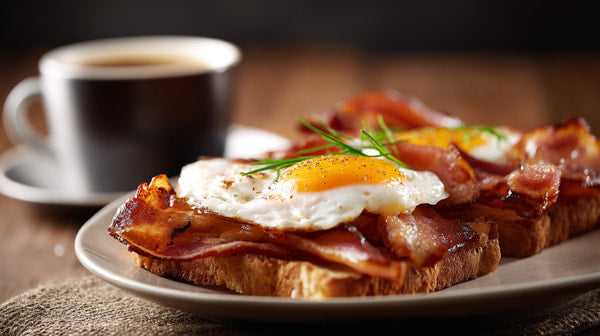 A Plate Of Bacon And Eggs On A Wooden Table With A Cup Of Coffee In The Background — Stock Photo