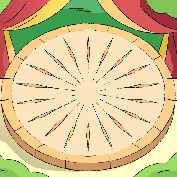 Round Wooden Stage Prop With Intricate Designs And A Sunburst Pattern At The Center — Stock Vector