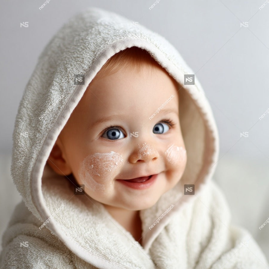 Baby In A White Hoodie Smiling At The Camera With Blue Eyes And A Smear Of Cream On Its Face — Stock Photo