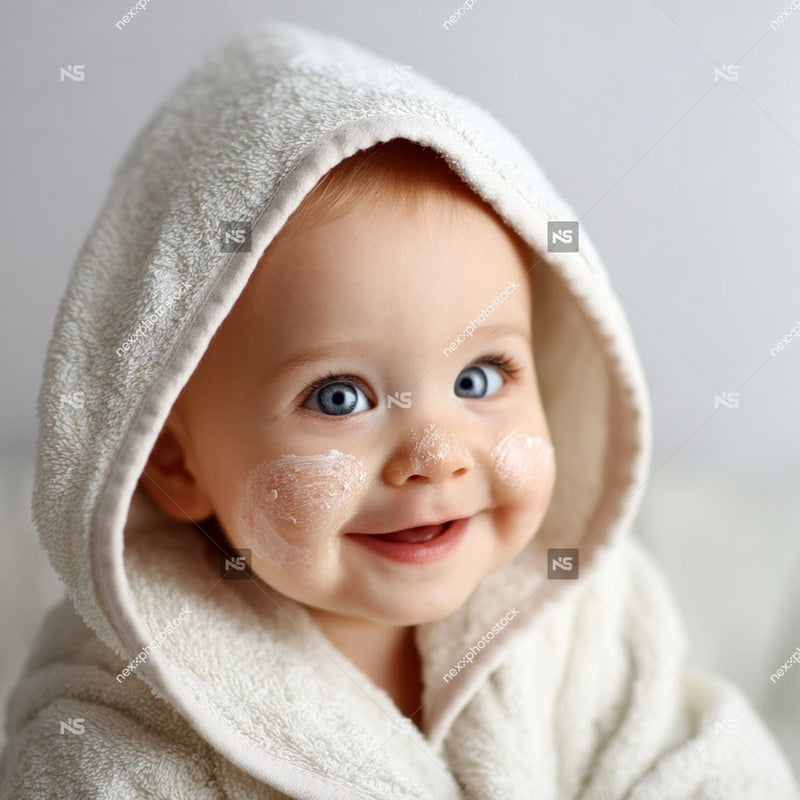 Baby In A White Hoodie Smiling At The Camera With Blue Eyes And A Smear Of Cream On Its Face — Stock Photo