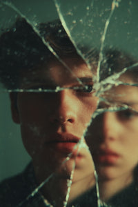 A Young Man With A Expression Is Captured In A Shattered Mirror Reflecting His Image In Multiple Pieces — Stock Photo