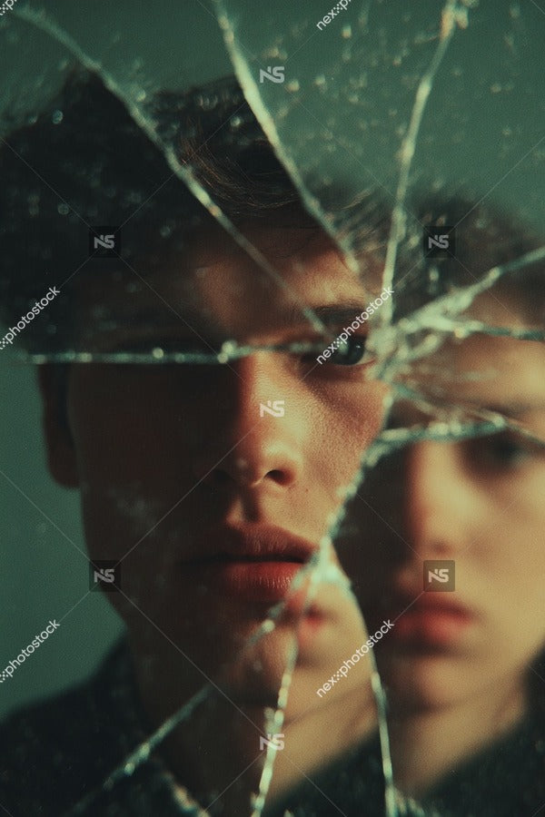A Young Man With A Expression Is Captured In A Shattered Mirror Reflecting His Image In Multiple Pieces — Stock Photo