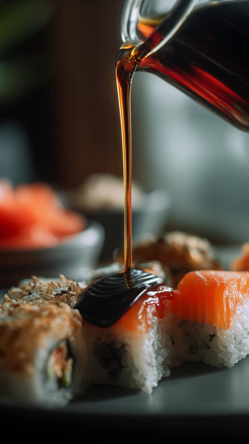 a close up image of a sushi dish with dipping sauce being poured over it - Stock Video