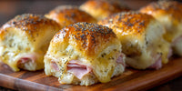 Six Savory Baked Appetizers Each Topped With Poppy Seeds And Cheese Arranged On A Wooden Cutting Board — Stock Photo