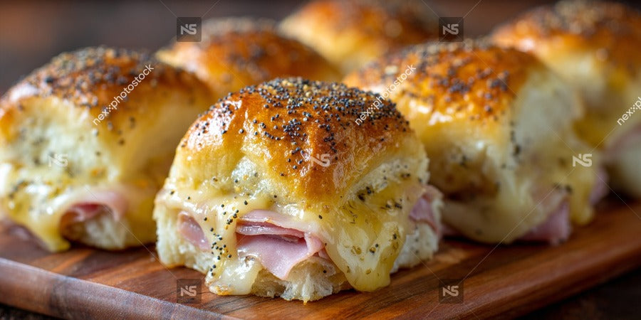 Six Savory Baked Appetizers Each Topped With Poppy Seeds And Cheese Arranged On A Wooden Cutting Board — Stock Photo