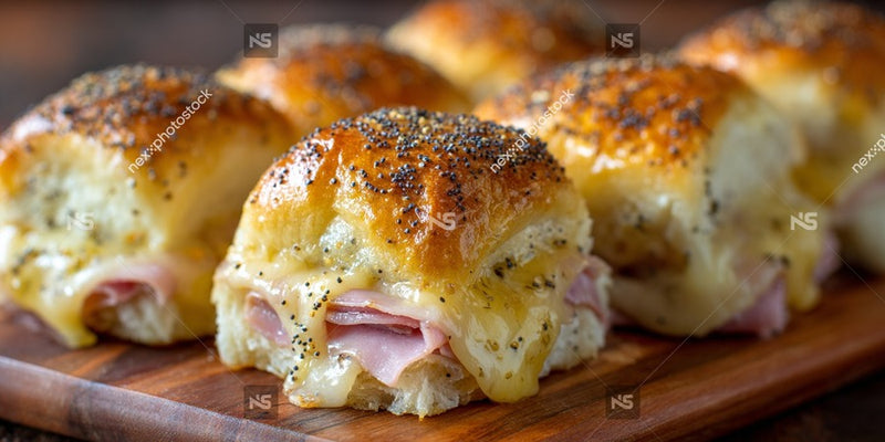 Six Savory Baked Appetizers Each Topped With Poppy Seeds And Cheese Arranged On A Wooden Cutting Board — Stock Photo