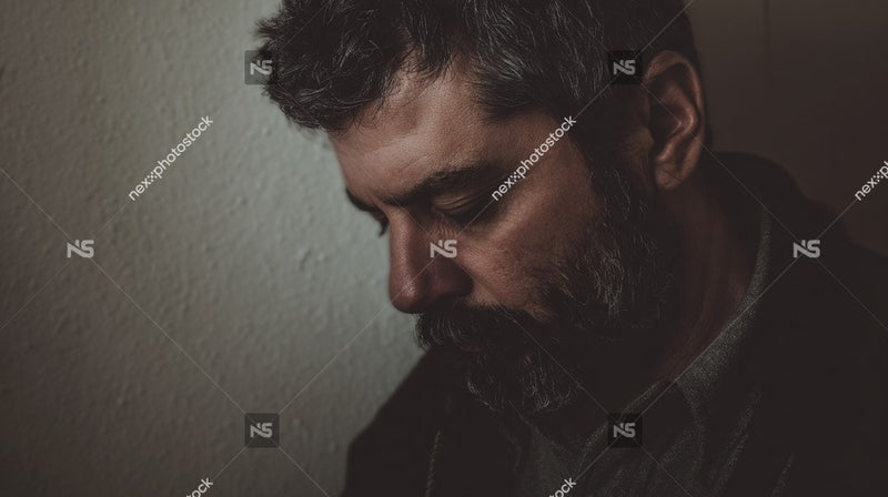 A Portrait Of A Man With A Beard And Mustache Looking Downward With A Expression — Stock Photo