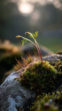 Mossy Rock Garden With Small Plant Sprouting From It Set Against A Backdrop Of A Stone Wall And A Blurred Natural Landscape — Stock Photo