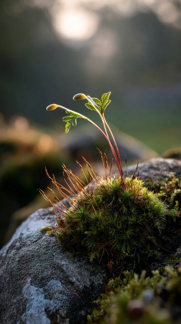 Mossy Rock Garden With Small Plant Sprouting From It Set Against A Backdrop Of A Stone Wall And A Blurred Natural Landscape — Stock Photo