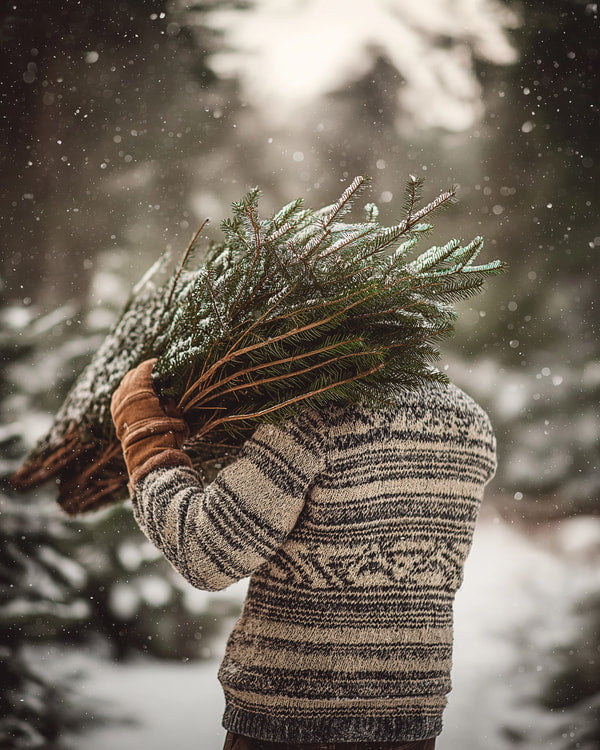 A Person Carrying A Christmas Tree In A Snowy Forest Wearing A Sweater And Gloves With Snow Falling Around Them — Stock Photo