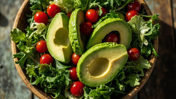 A Bowl Of Fresh Avocado Salad With Cherry Tomatoes And Leafy Greens Presented On A Wooden Table — Stock Photo
