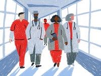Illustration Of A Group Of Healthcare Professionals Walking Down A Hallway In A Hospital — Stock Illustration