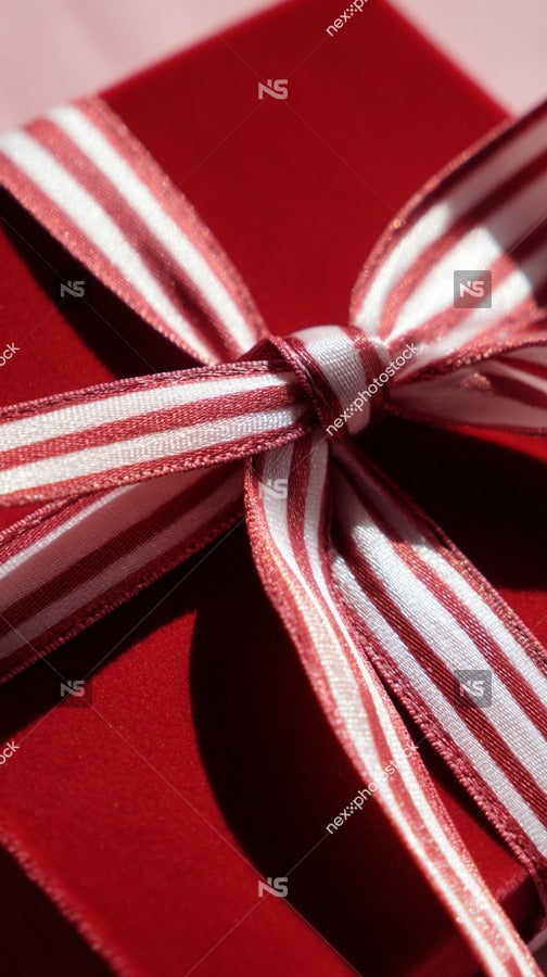 Red Ribbon With White Stripes Tied In A Bow On Top Of A Gift Box — Stock Photo