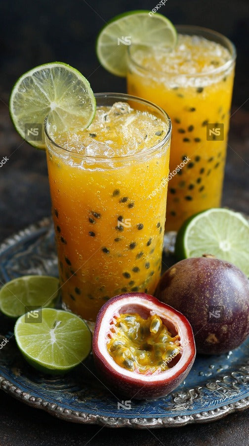 Two Glasses Of Fruit Juice On A Tray With Sliced Fruit And Lime Wedges In The Background — Stock Photo