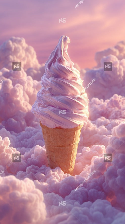 A Single Ice Cream Cone With Pink Frosting Set Against A Backdrop Of Fluffy Clouds And A Blue Sky — Stock Photo
