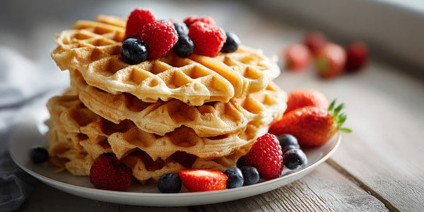 A Stack Of Golden Waffles Topped With Fresh Berries Served On A White Plate — Stock Photo