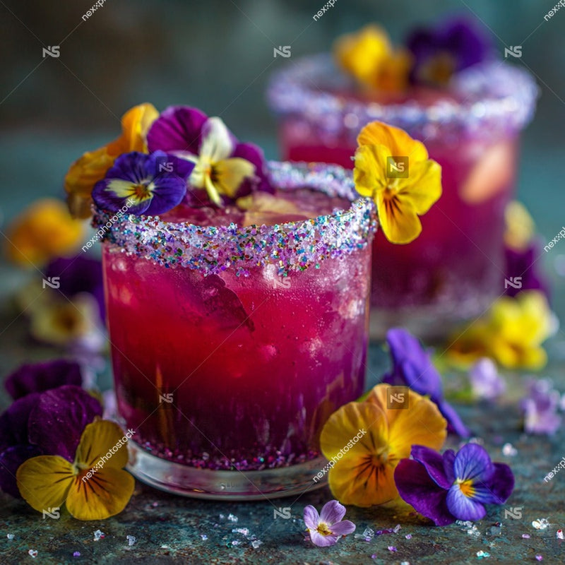 Two Glasses Of Purple Cocktail Garnished With Edible Flowers And Sprinkles On A Table — Stock Photo