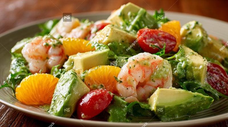 A Plate Of Shrimp Salad With Avocado Orange Slices And A Sprinkle Of Herbs — Stock Photo