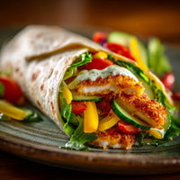 Close Up Of A Freshly Prepared Wrap With Fish And Vegetables On A Wooden Plate — Stock Photo