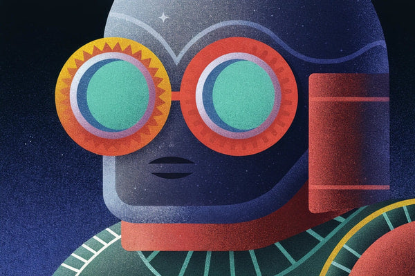 Illustration Of A Robot Wearing Goggles And A Helmet Set Against A Dark Background With A Blue Nebula — Stock Illustration