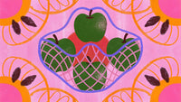 A Colorful Pattern A Fruit Basket Design Prominently An Apple And Other Fruits Set Against A Pink Background With A Decorative Border — Stock Illustration