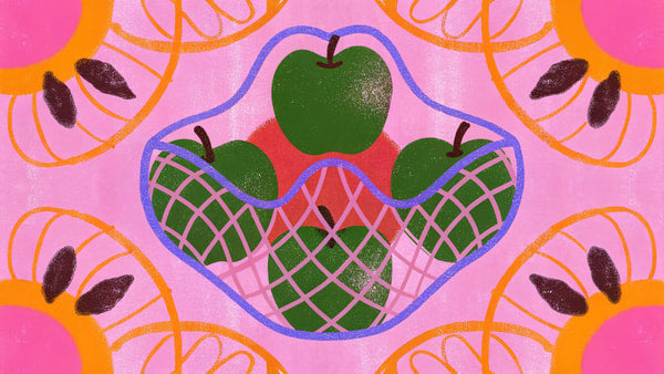 A Colorful Pattern A Fruit Basket Design Prominently An Apple And Other Fruits Set Against A Pink Background With A Decorative Border — Stock Illustration