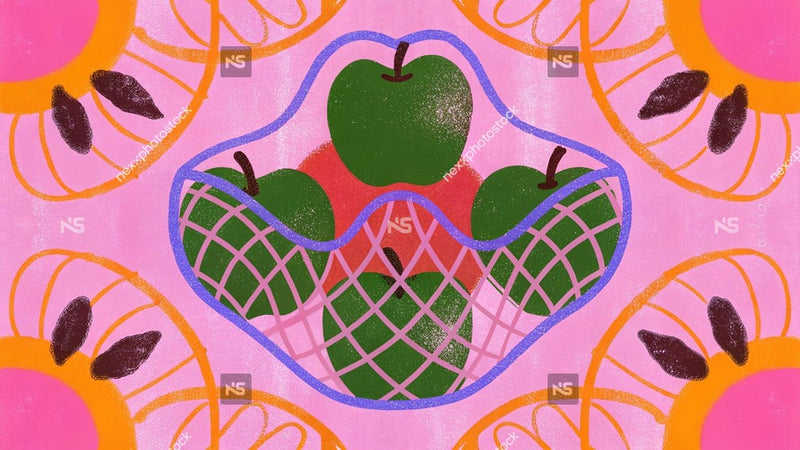 A Colorful Pattern A Fruit Basket Design Prominently An Apple And Other Fruits Set Against A Pink Background With A Decorative Border — Stock Illustration