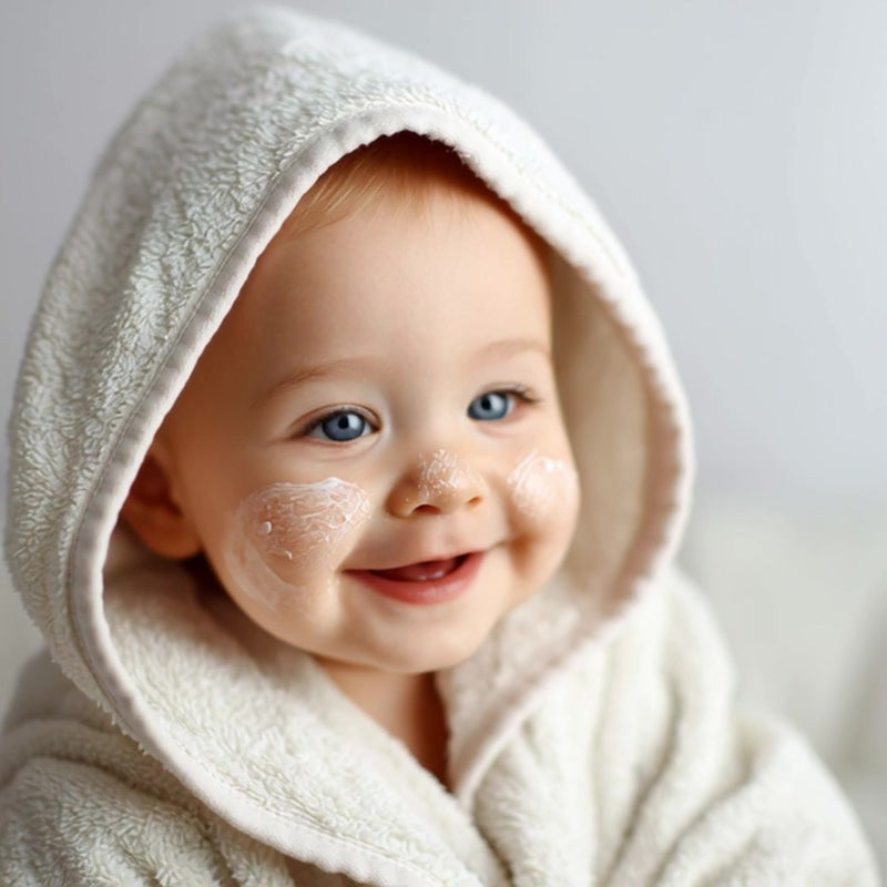 newborn baby wearing a white hooded towel smiling and looking directly at the camera - Stock Video