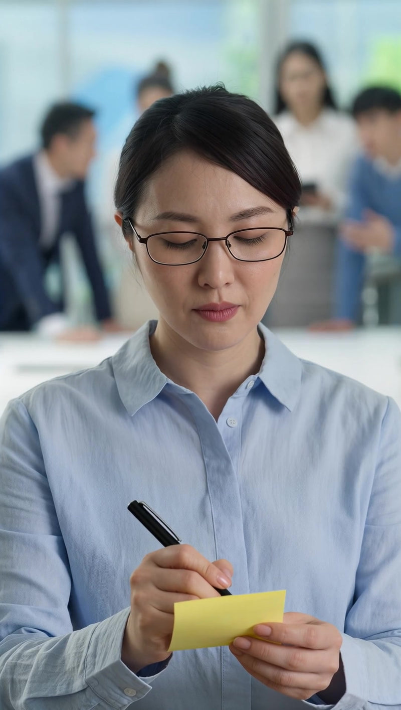 asian woman in blue shirt using pen to write on yellow sticky note - Stock Video