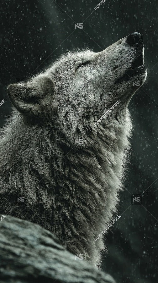 A Wolf Howling In A Snowy Landscape Captured From A Top Down Perspective With A Focus On Its Face And The Surrounding Environment — Stock Photo