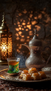 A Traditional Moroccan Tea Set On A Table With A Glass Teapot And Matching Cups In The Foreground — Stock Photo