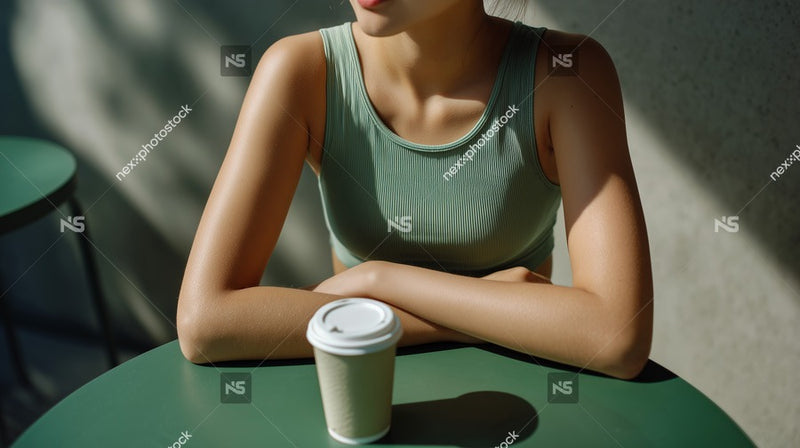 A Woman Sits At A Table Holding A Coffee Cup — Stock Photo