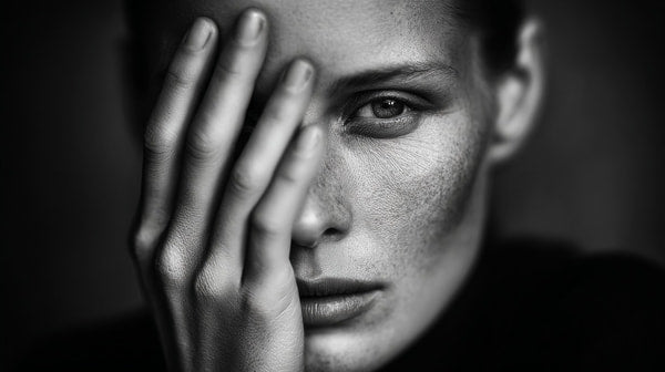 A Black And White Portrait Of A Woman With Her Hand Placed Over Her Face — Stock Photo