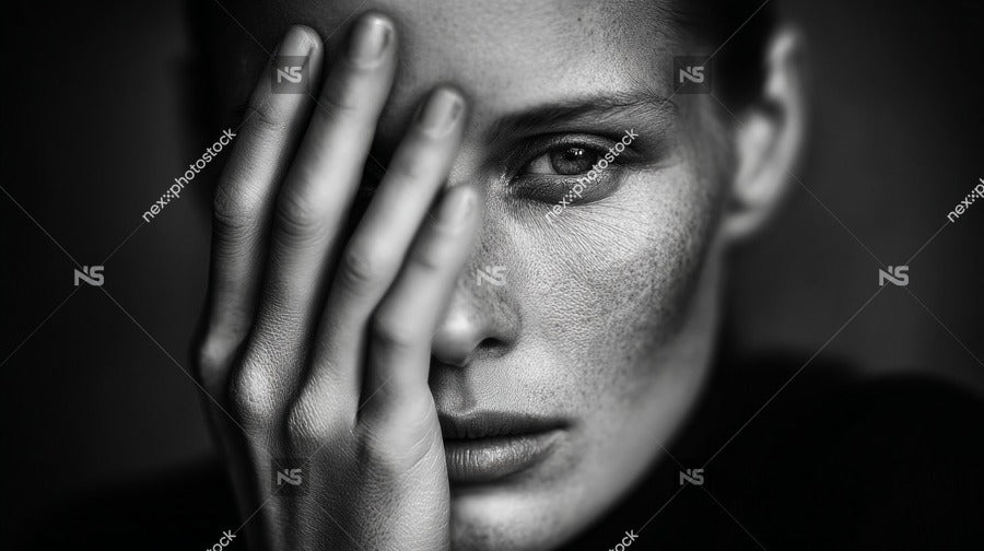 A Black And White Portrait Of A Woman With Her Hand Placed Over Her Face — Stock Photo
