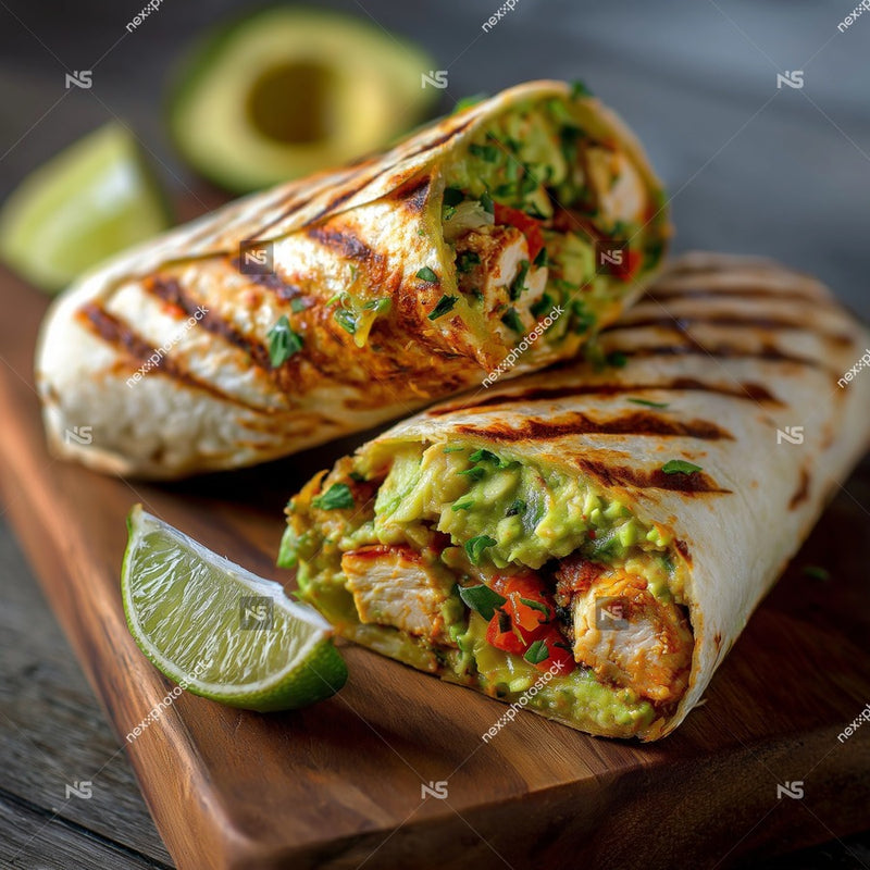 A Grilled Chicken Burrito With Avocado And Sour Cream Served On A Wooden Cutting Board — Stock Photo