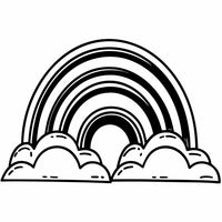 A Black And White Line Drawing Of A Rainbow Arching Over A Row Of Fluffy Clouds — Stock Vector