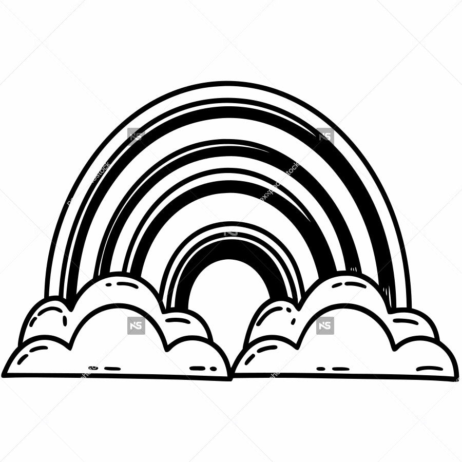 A Black And White Line Drawing Of A Rainbow Arching Over A Row Of Fluffy Clouds — Stock Vector