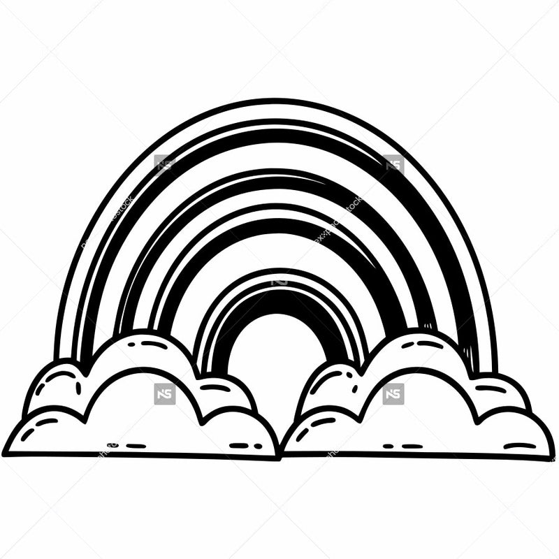 A Black And White Line Drawing Of A Rainbow Arching Over A Row Of Fluffy Clouds — Stock Vector