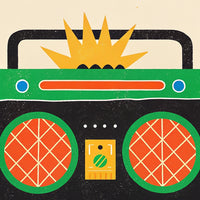 Vintage Boombox Illustration With Retro Design Elements And A Sunburst Effect On The Top Right Corner — Stock Illustration